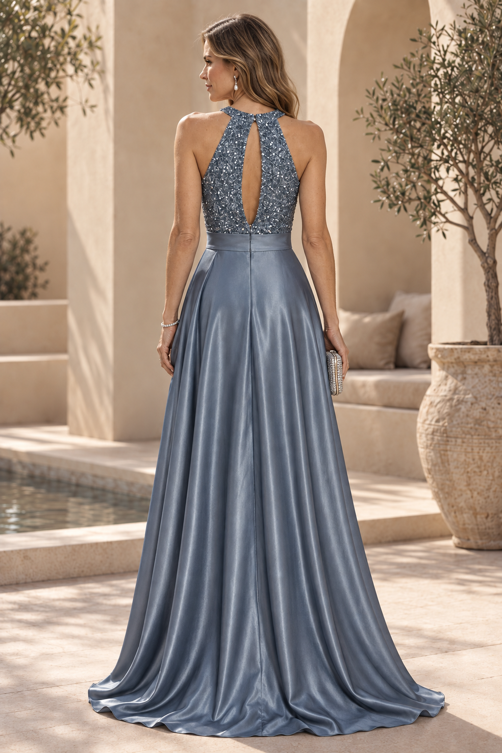 Halter Keyhole Beaded A-Line Gown with Slit