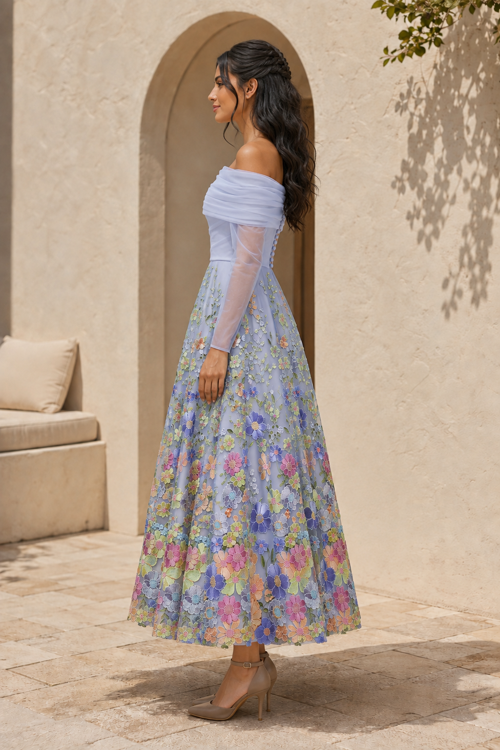 Off-the-Shoulder 3D Floral Long Sleeve Midi Dress