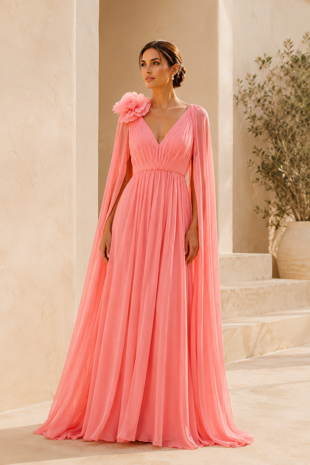 Cape Sleeve Chiffon Gown with 3D Flower Detail