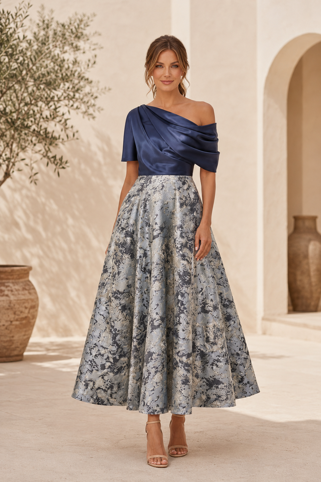 One-Shoulder Satin Top Dress with Metallic Jacquard Skirt