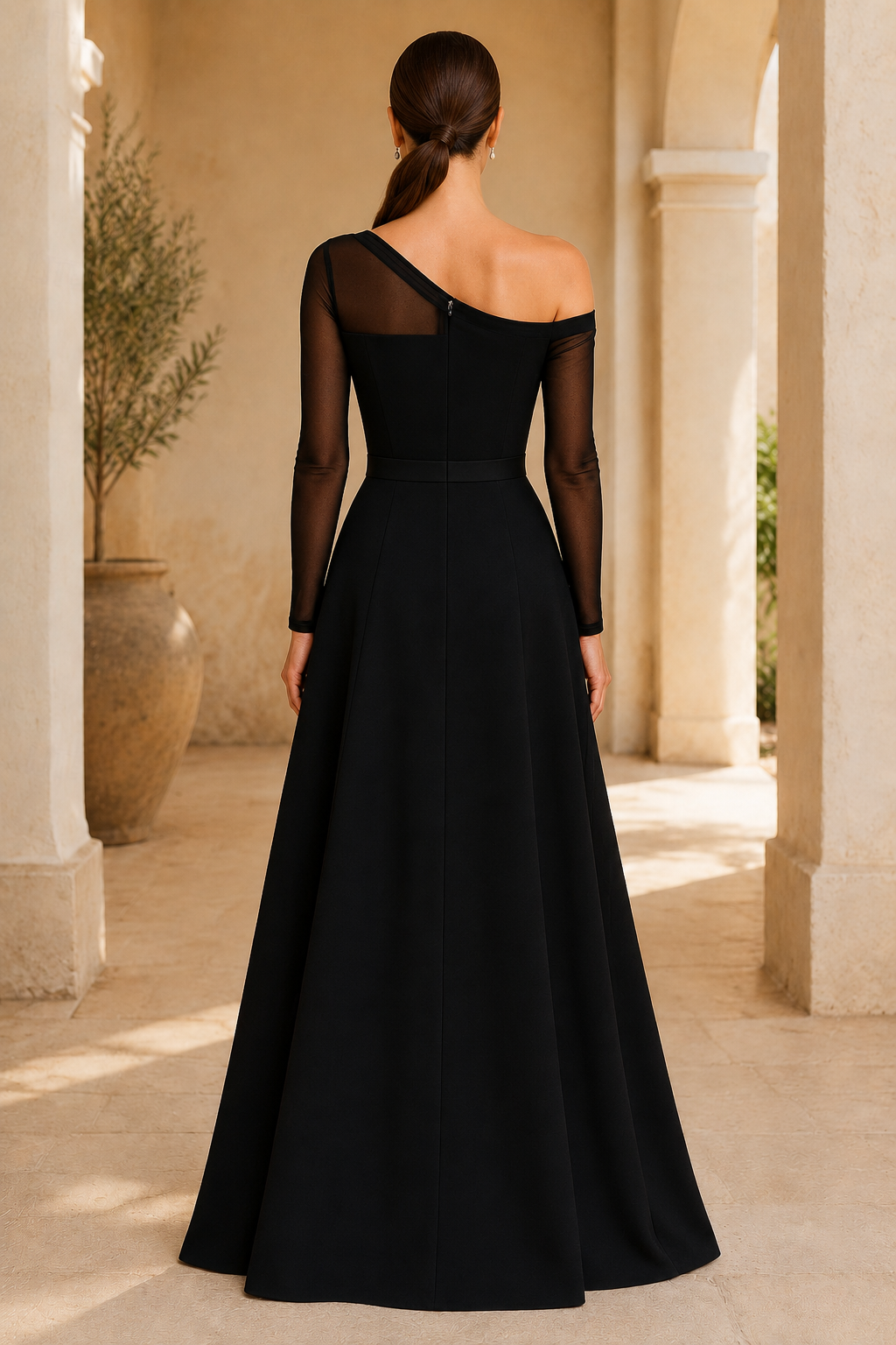 One-Shoulder Illusion Long Sleeve A-Line Gown