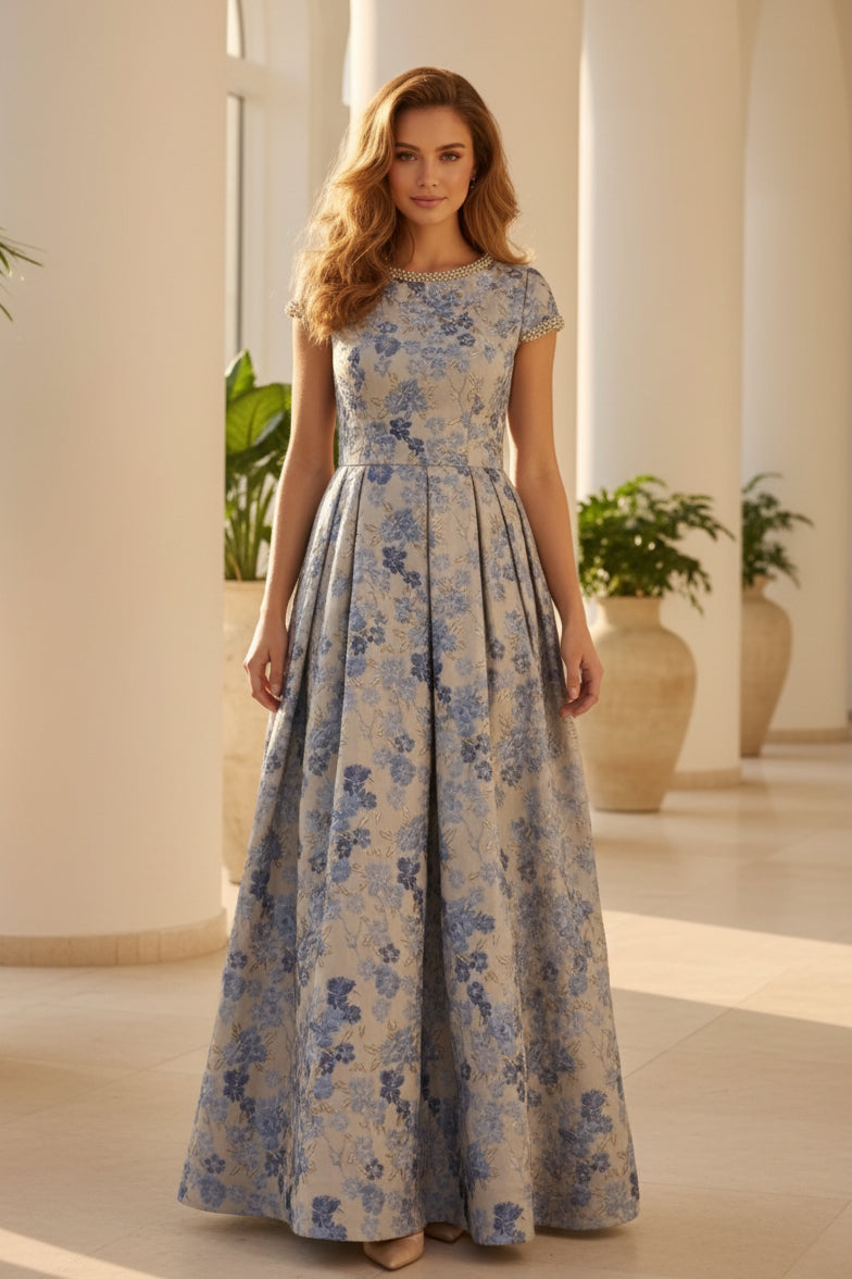 Floral Jacquard Ball Gown with Pearl Trim
