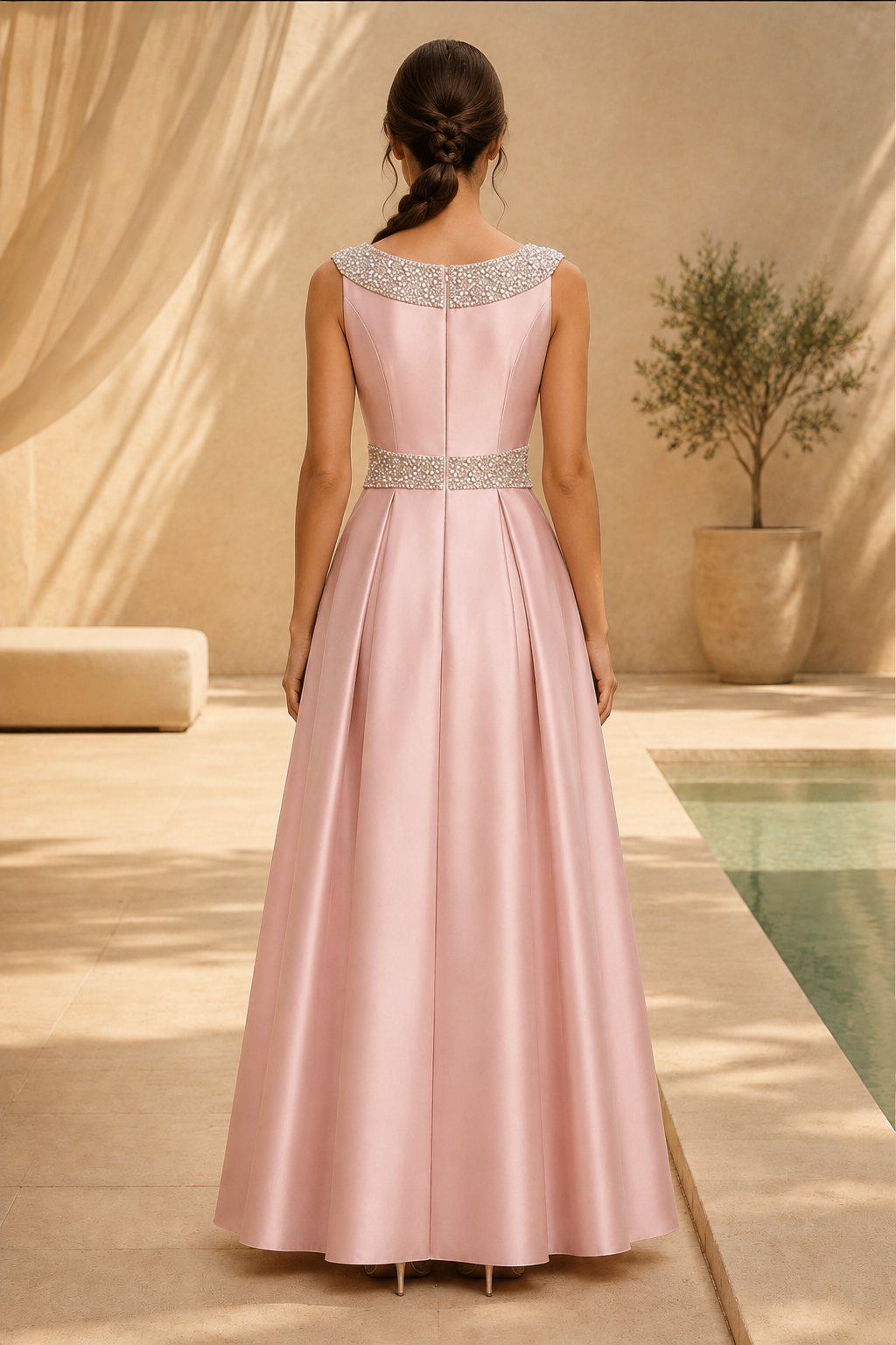 Beaded Bateau Neck A-Line Satin Gown