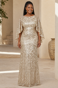 Sequin Floral Column Gown with Flutter Cape Sleeves