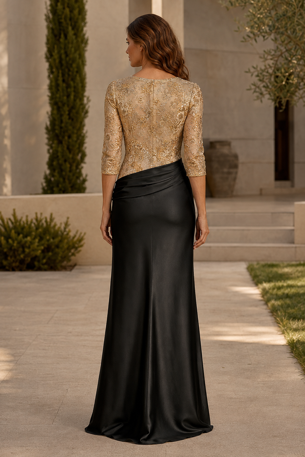 Embroidered Bodice 3/4 Sleeve Column Evening Gown
