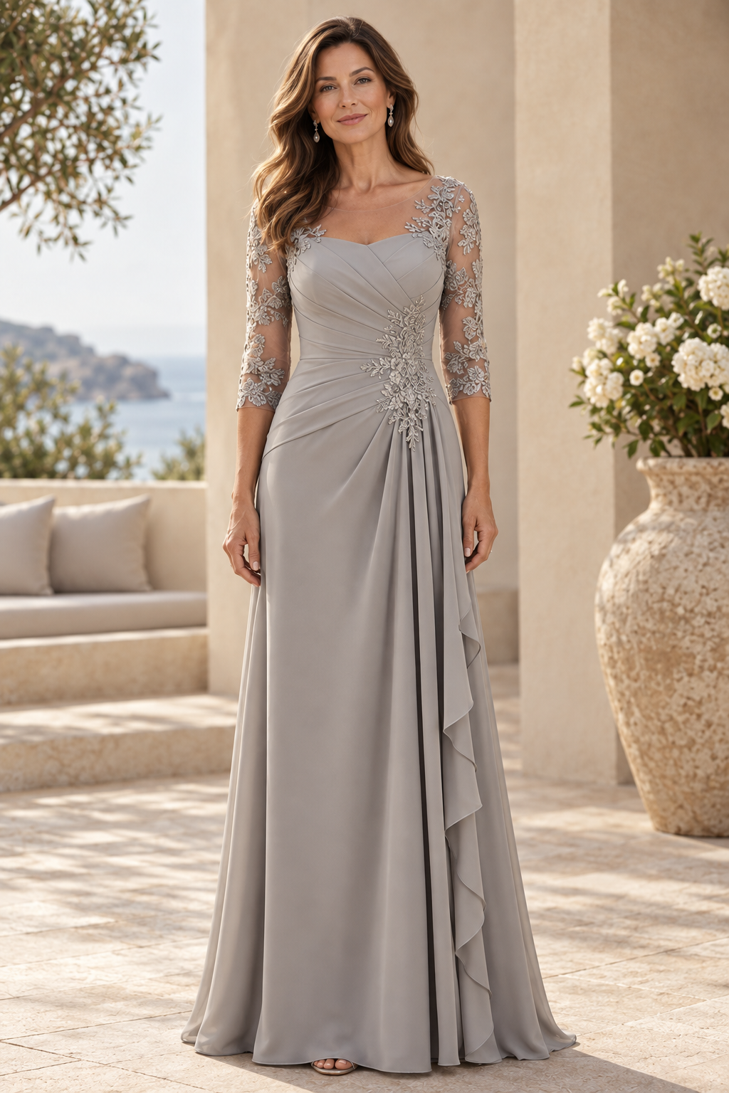 Lace 3/4 Sleeve Pleated Gown with Cascade Ruffle