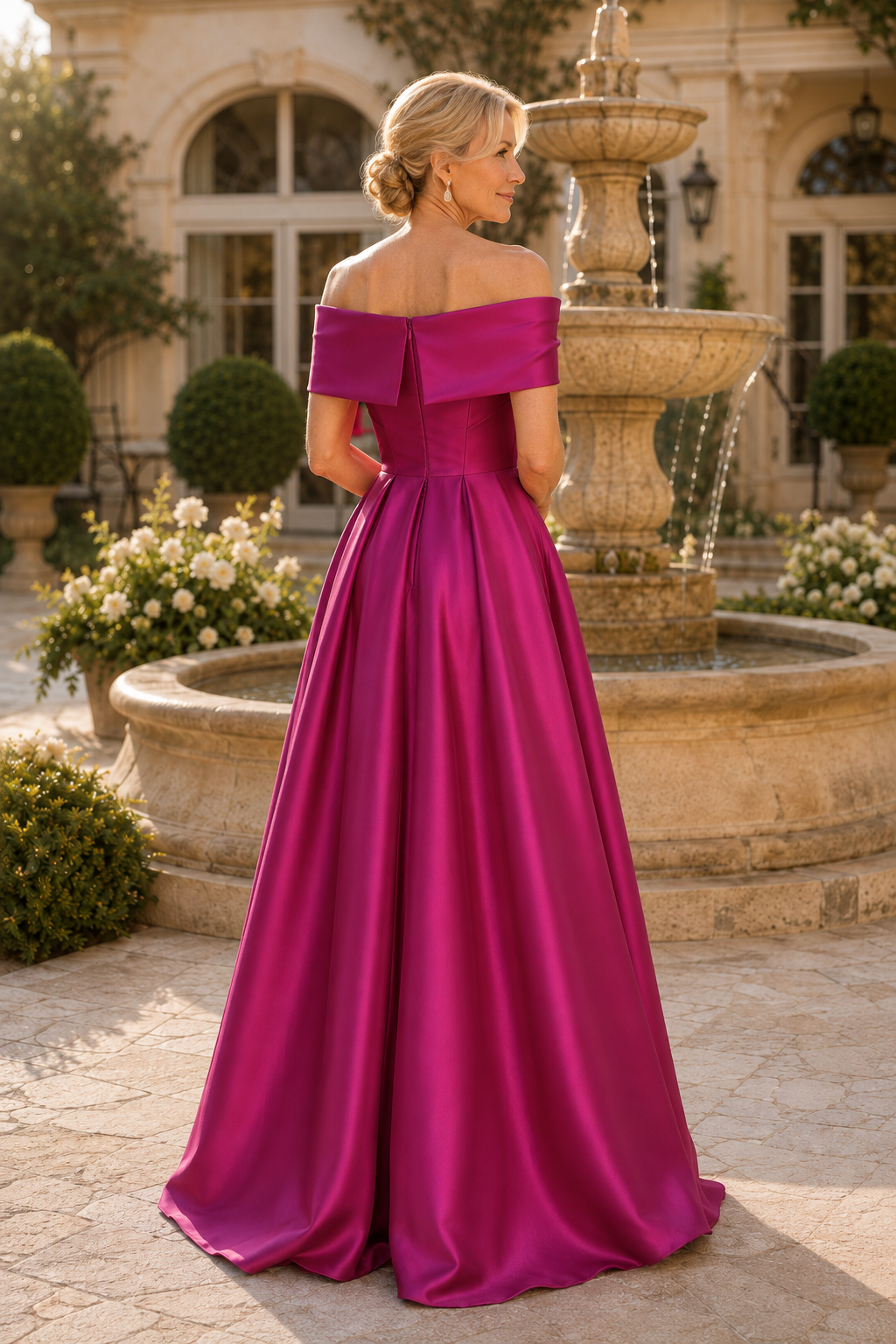 Off-the-Shoulder Pleated Satin A-Line Gown
