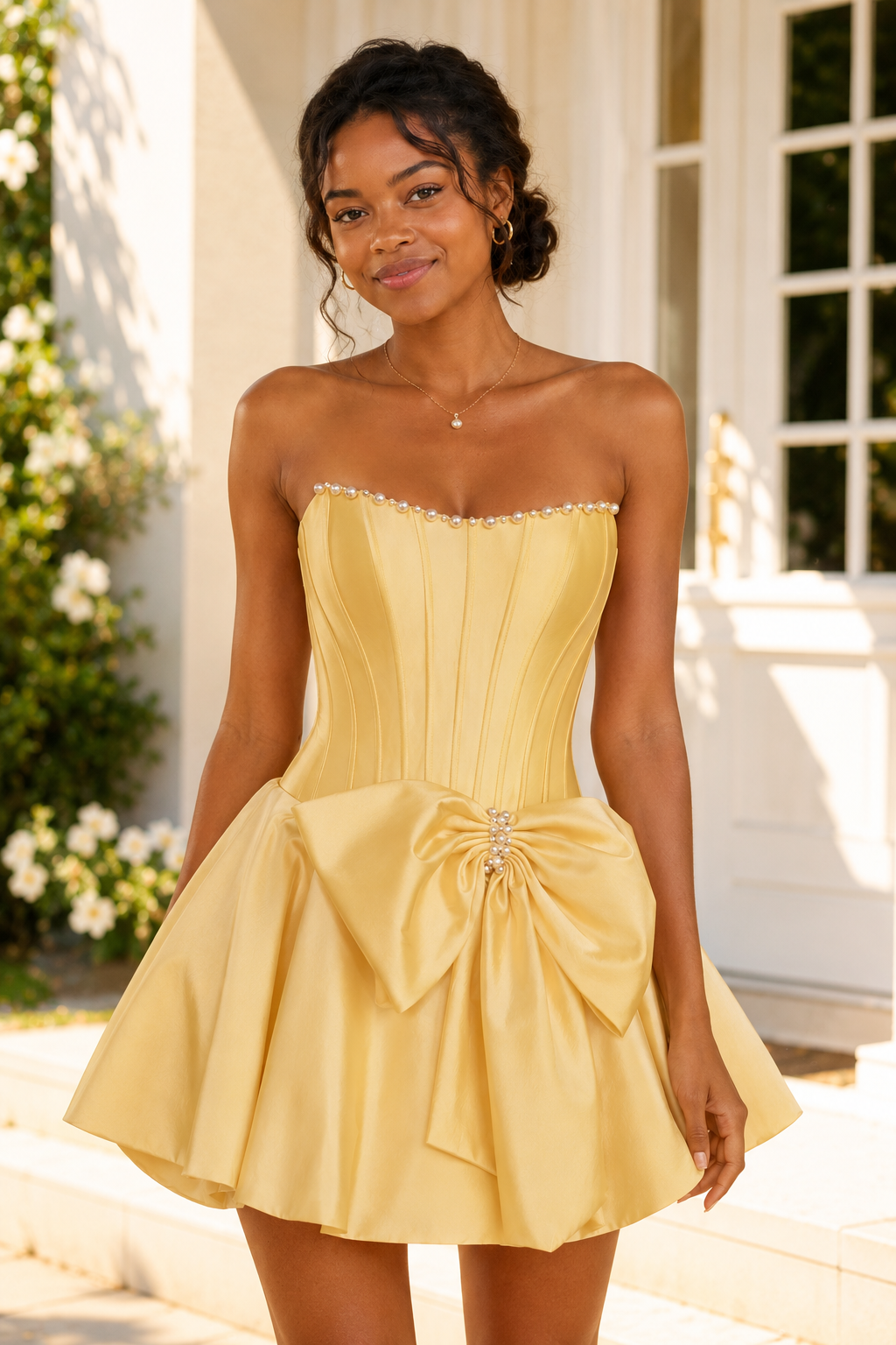 Strapless Corset Mini Dress with Pearl Trim and Bow