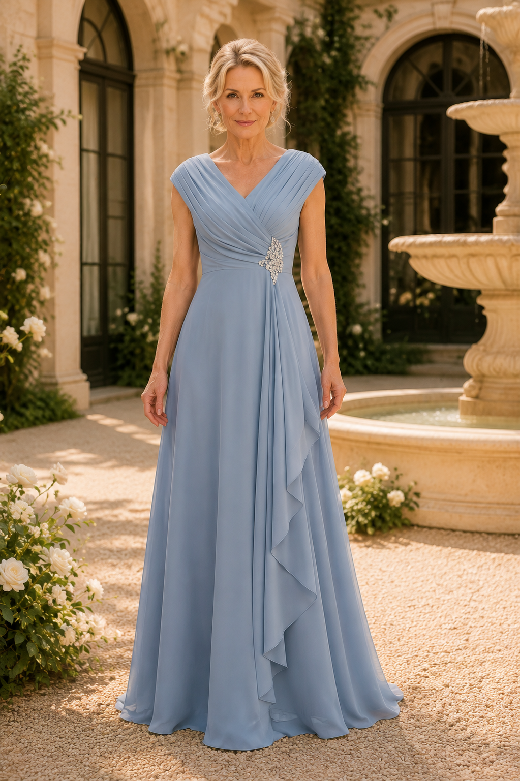 Pleated V-Neck A-Line Gown with Crystal Brooch