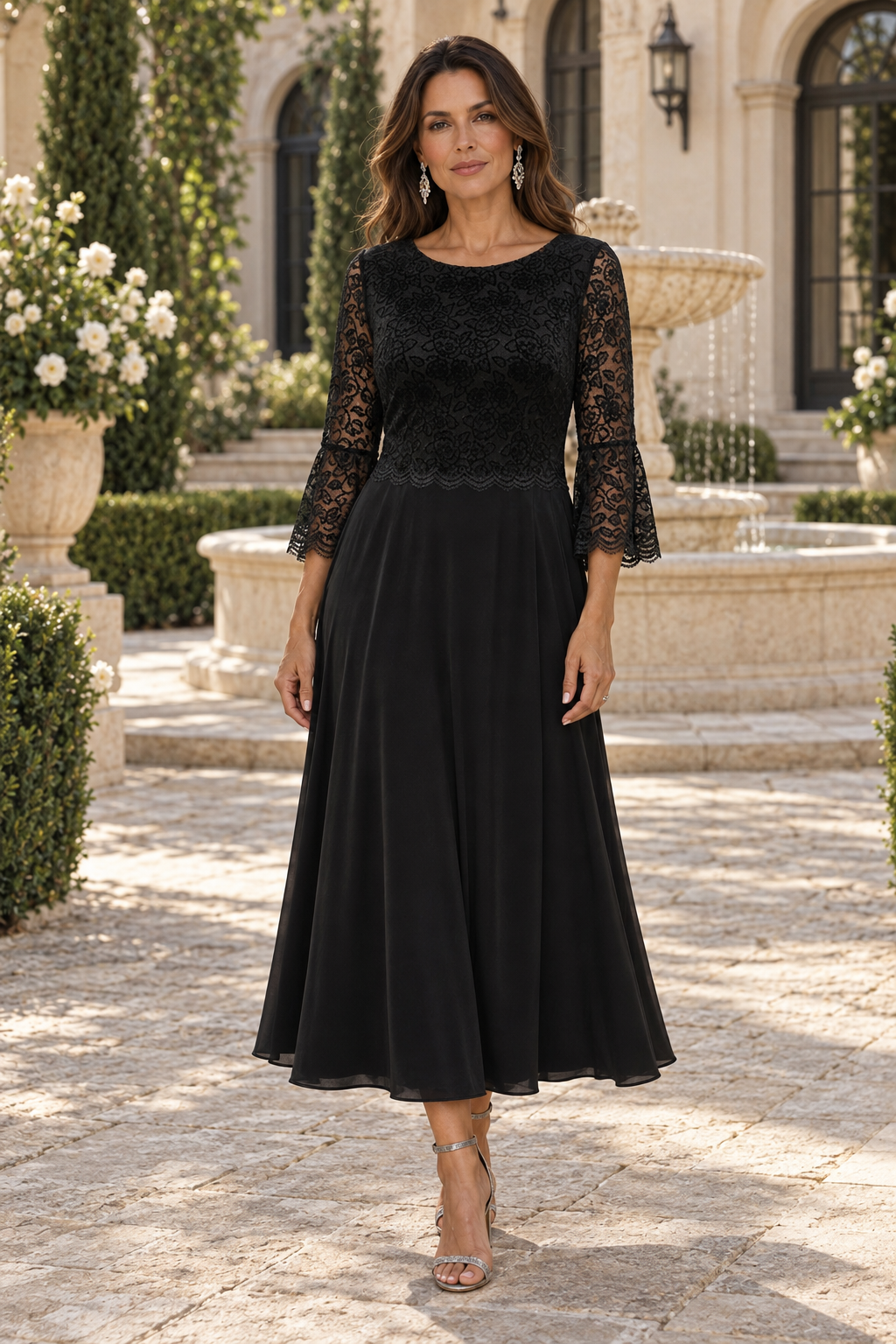 Lace Bodice 3/4 Bell Sleeve A-Line Midi Dress