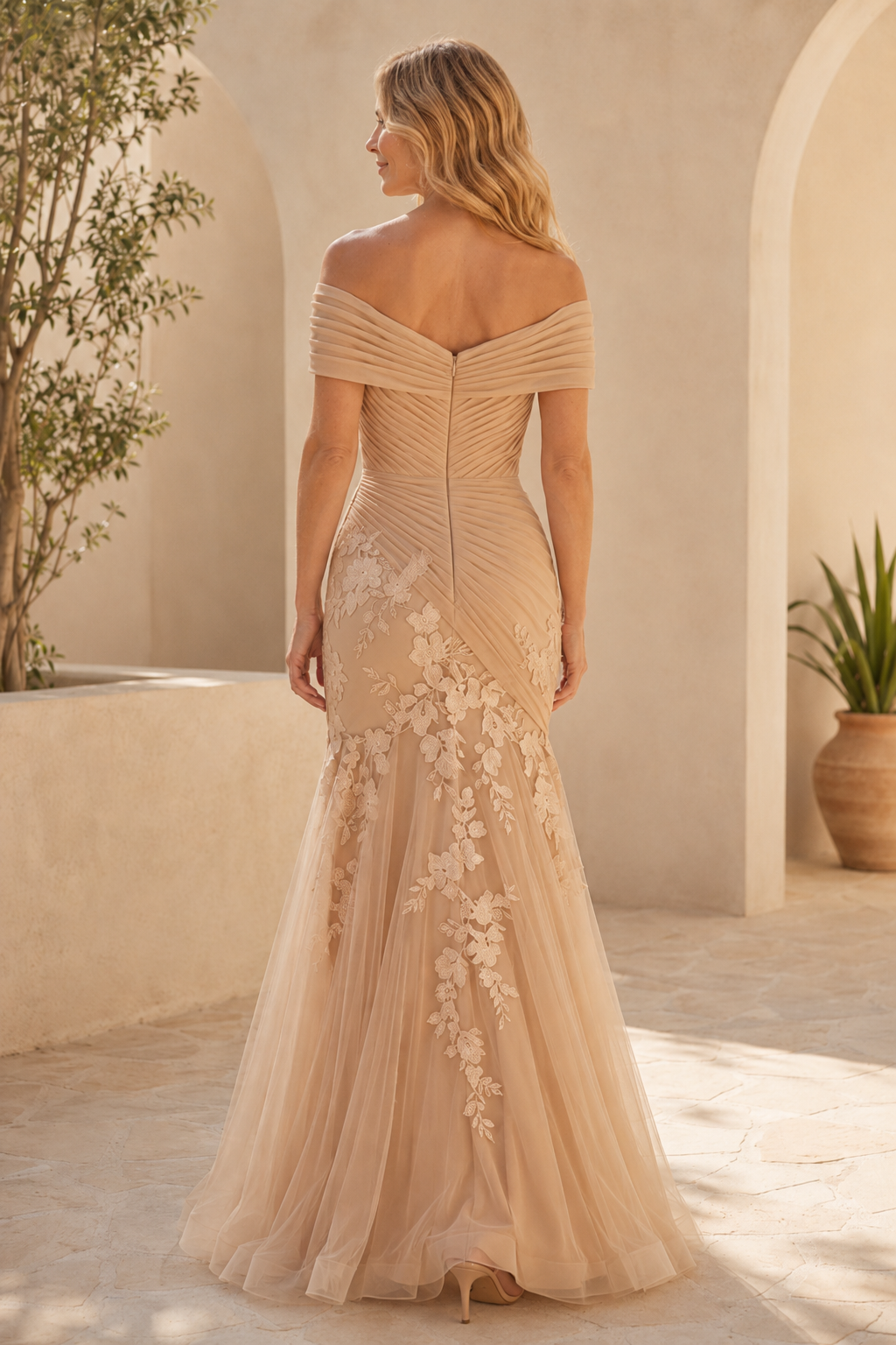 Off-the-Shoulder Ruched Lace Mermaid Gown
