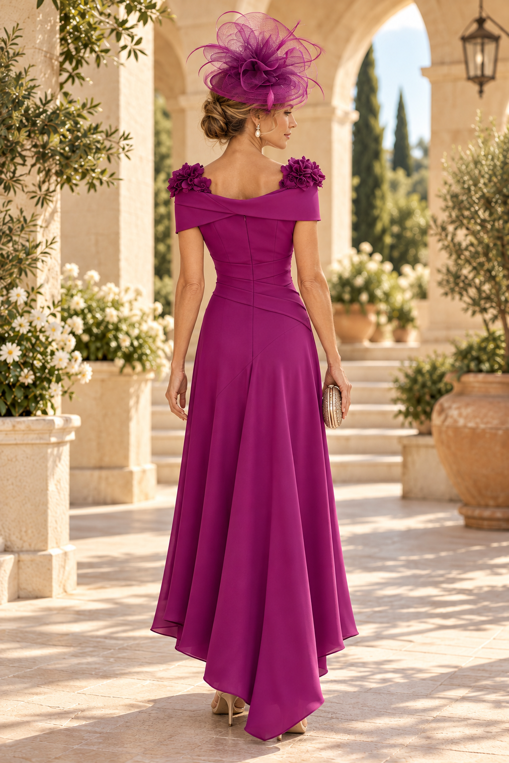 Pleated Off-the-Shoulder High-Low Gown
