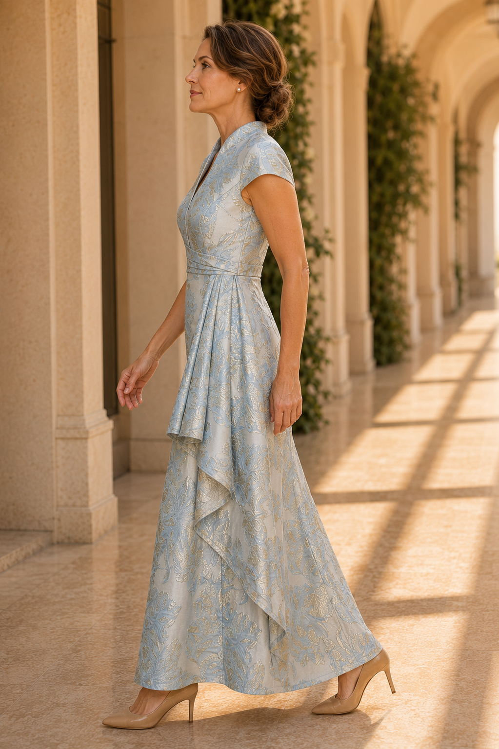 Jacquard V-Neck Maxi Dress with Side Cascading Ruffle