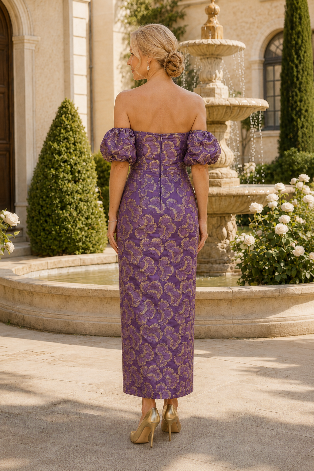 Off-Shoulder Puff-Sleeve Jacquard Column Dress