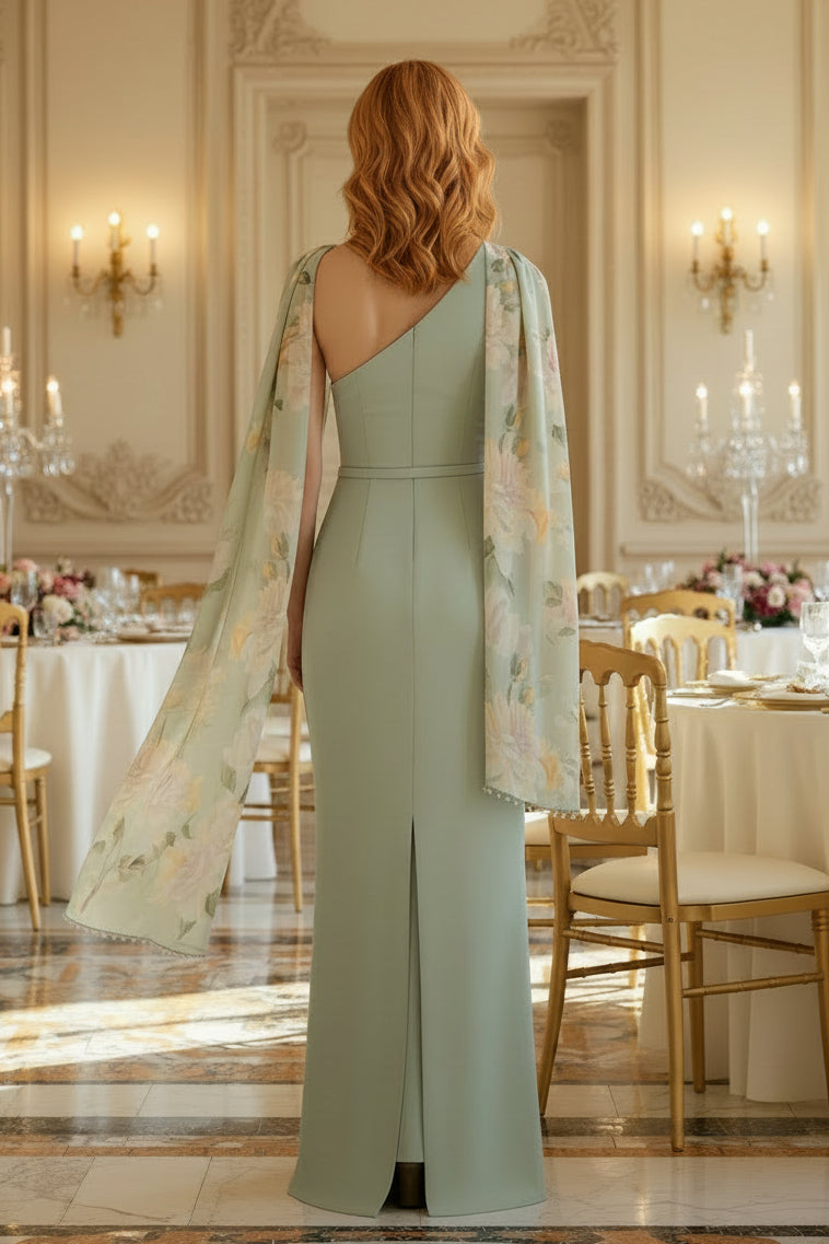 One-Shoulder Floral Cape Sheath Gown