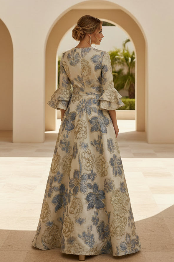 Floral Jacquard Wrap Gown with Ruffle Sleeves