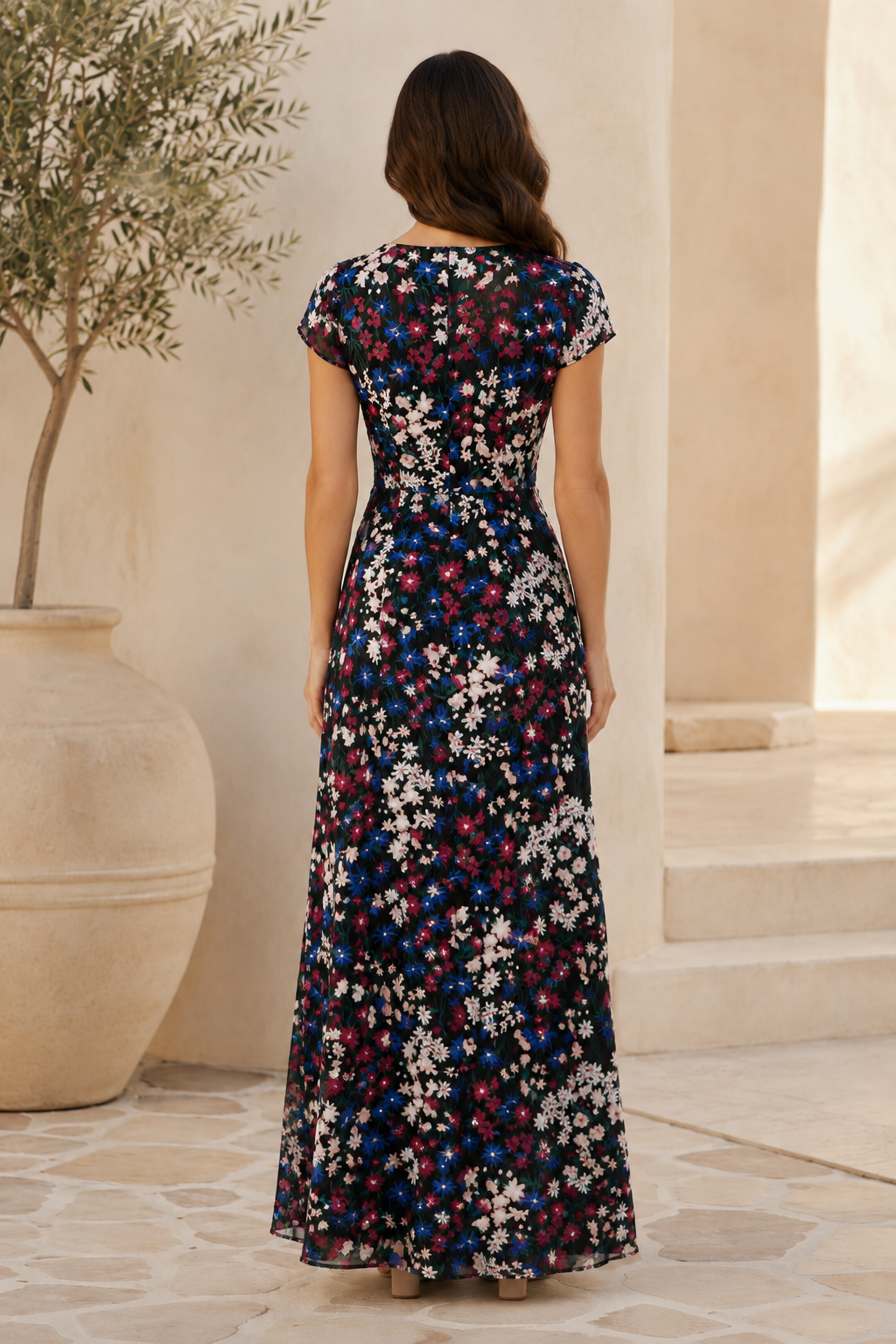 Floral Print Wrap V-Neck Maxi Dress with Flutter Sleeves