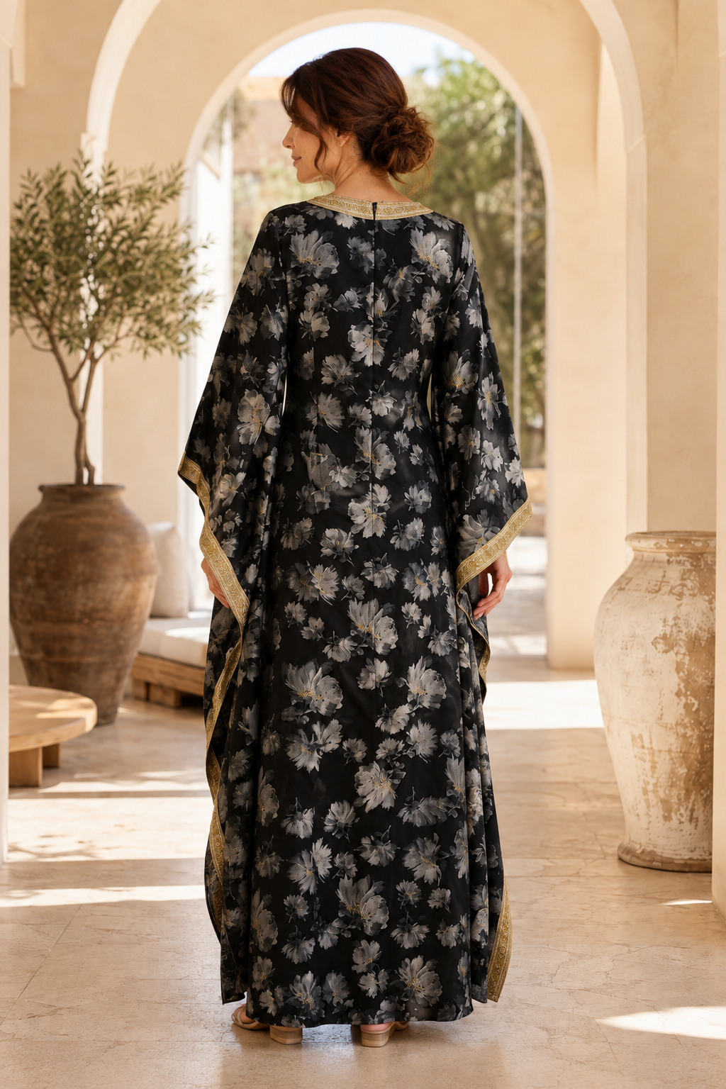 Floral Kaftan Maxi Dress with Draped Trim Sleeves