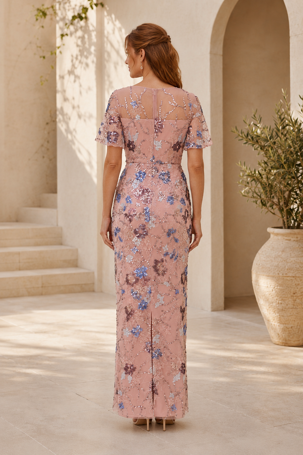 Floral Sequin Illusion Neckline Maxi Evening Dress