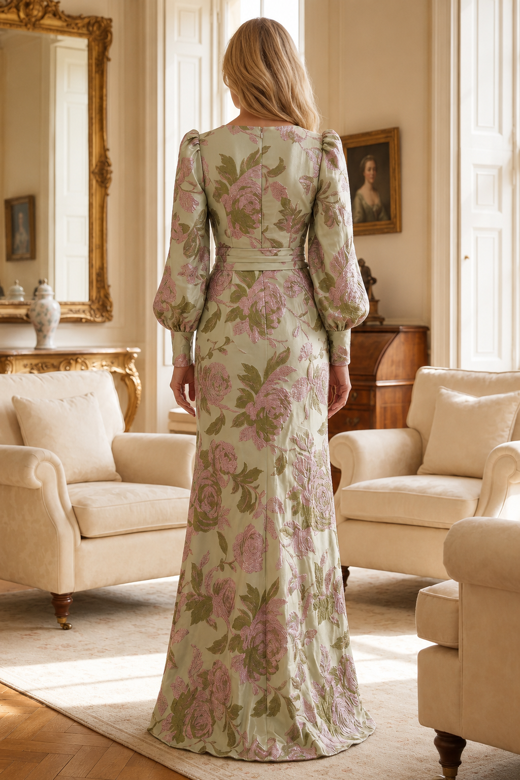 Floral Jacquard Long-Sleeve Gown with High Slit