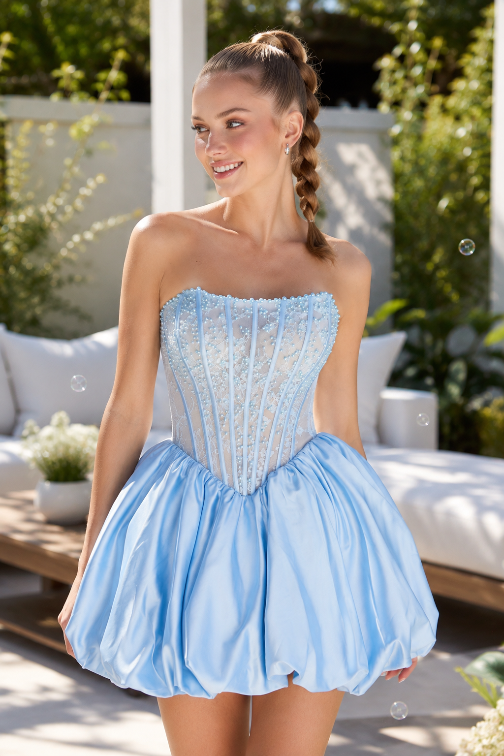 Strapless Pearl Corset Bubble Skirt Mini Dress
