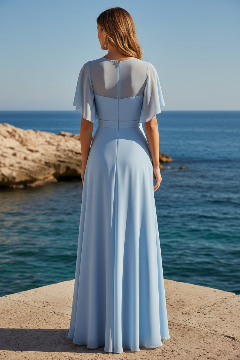 Illusion Pleated Chiffon Evening Gown