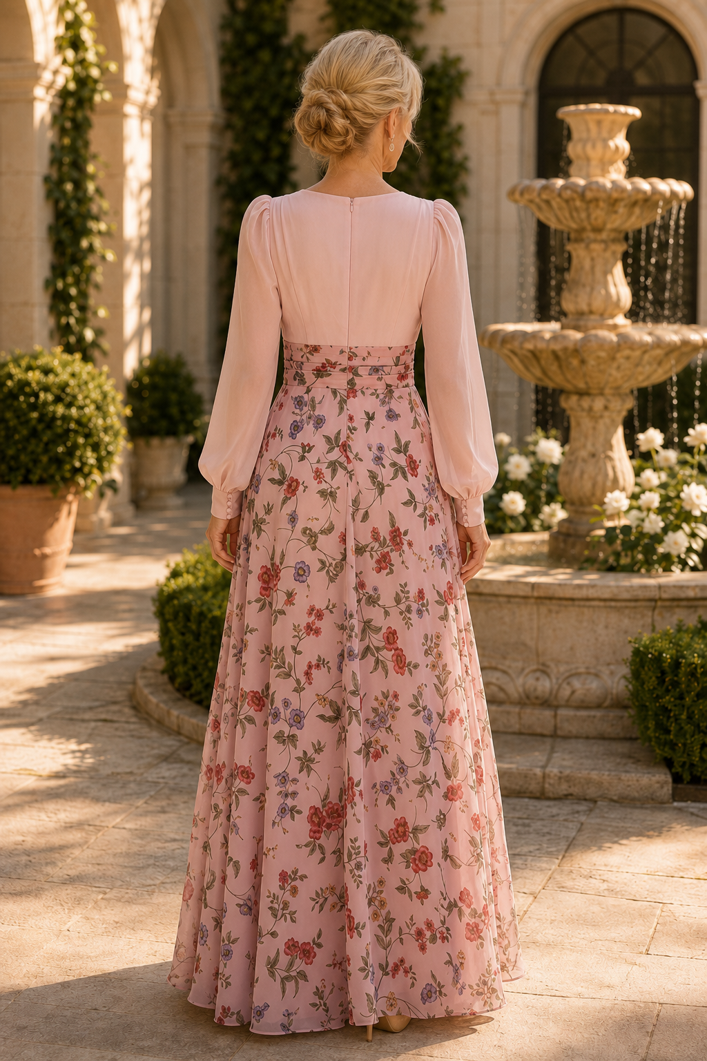Floral A-Line Maxi Dress with Long Sleeves