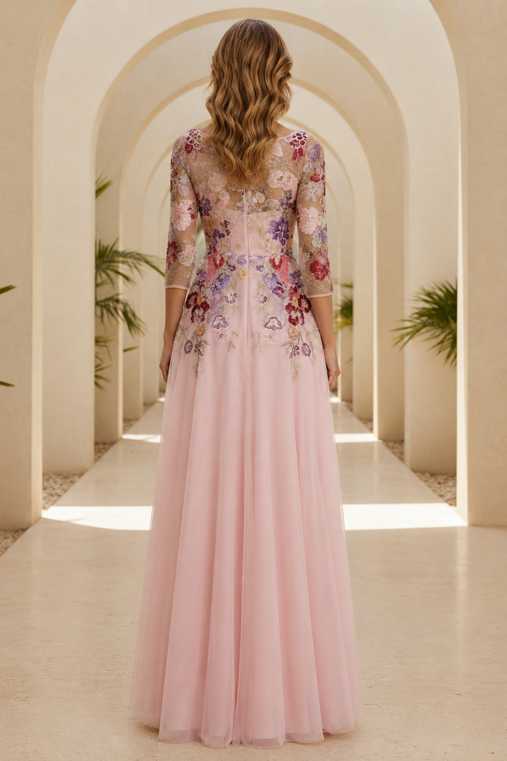 Floral Embroidered 3/4 Sleeve Tulle A-Line Gown