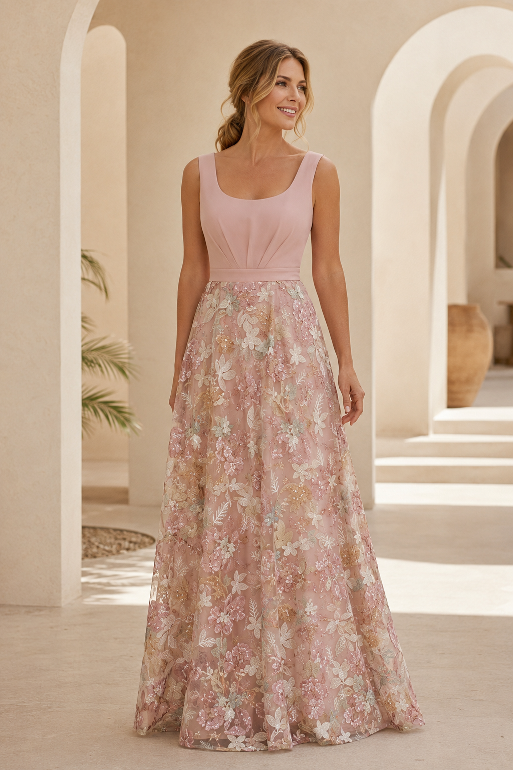 A-Line Scoop Neck Embroidered Lace Evening Gown