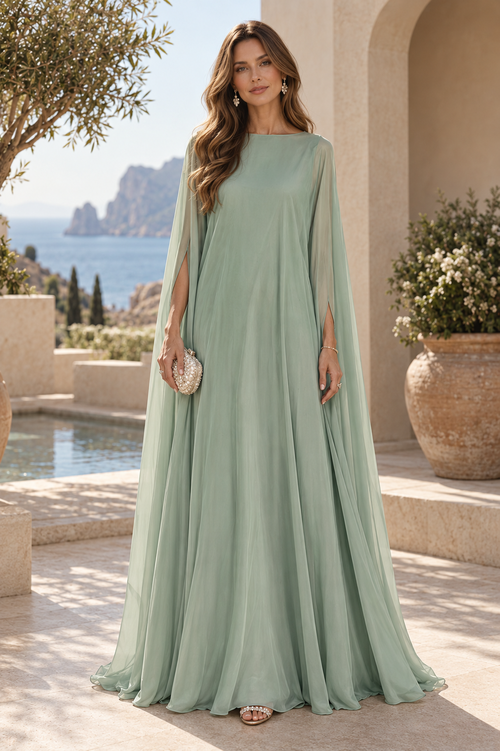 Bateau Neck Cape Sleeve Floor-Length Evening Gown