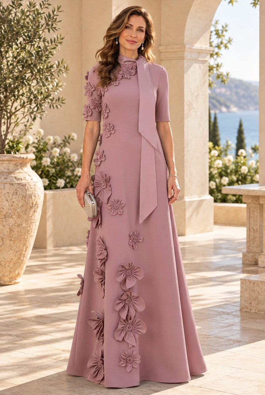 3D Floral High Neck A-Line Gown with Neck Tie