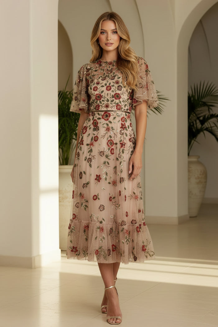 Embroidered Tulle Midi Dress with Flutter Sleeves