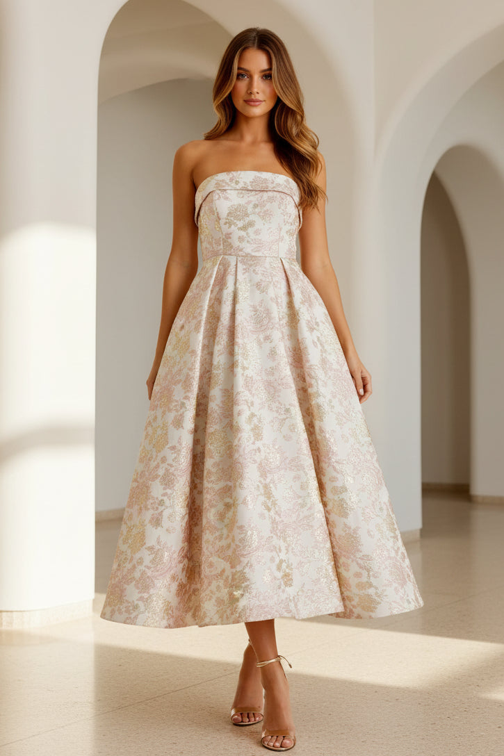 Strapless Metallic Jacquard A-Line Midi Dress