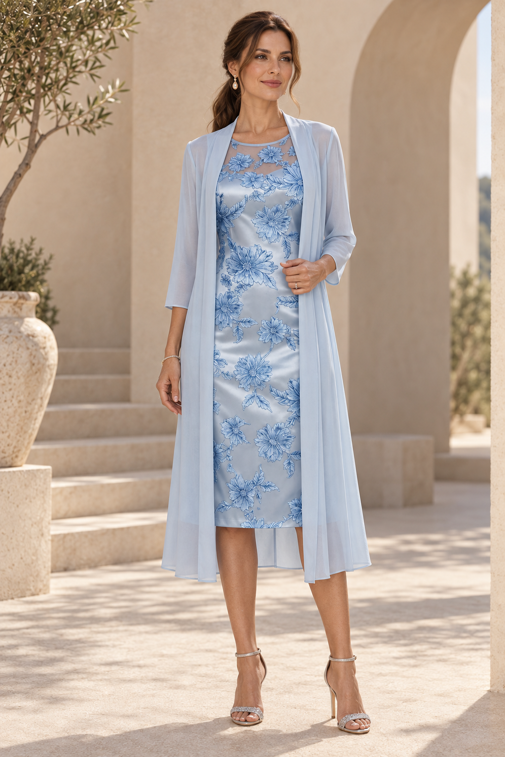 Embroidered Sheath Dress with Chiffon Duster