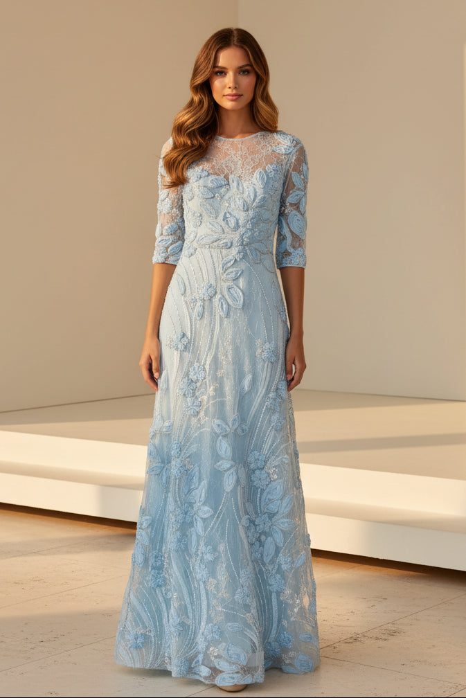 3D Floral Illusion A-Line Evening Dress with Sleeves