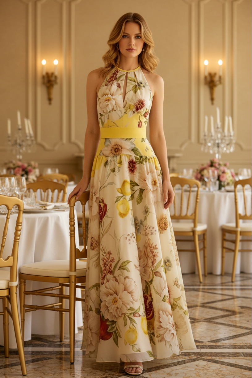 Floral Halter Keyhole Maxi Dress