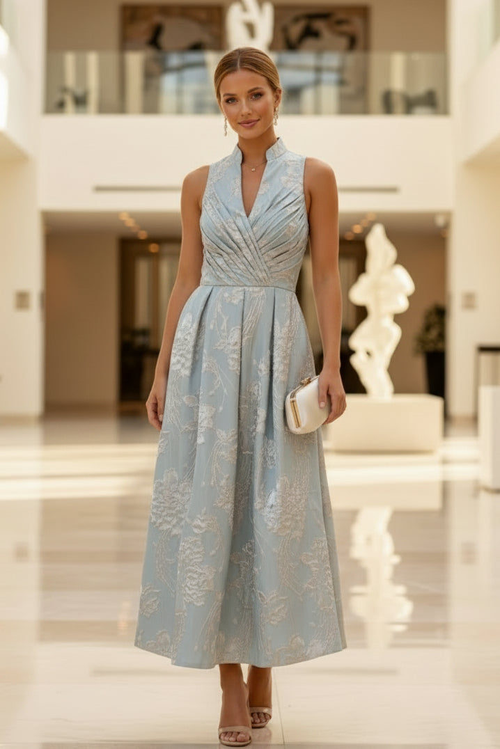 Floral Jacquard Wrap Bodice Midi Dress with Pockets