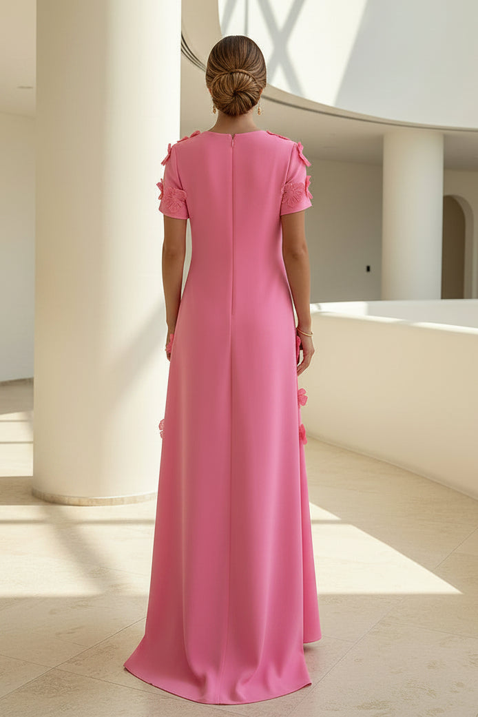 Maxi Dress with 3D Floral Appliques Short Sleeve