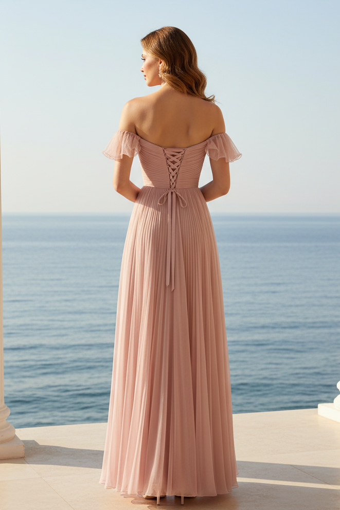 Off-Shoulder Pleated Tulle A-Line Gown