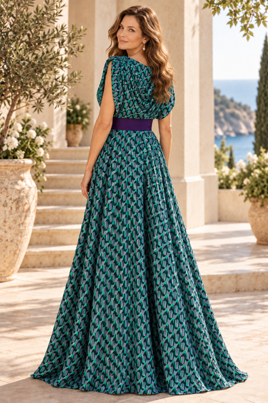 Cowl Neck Printed Maxi Dress with Contrast Waistband