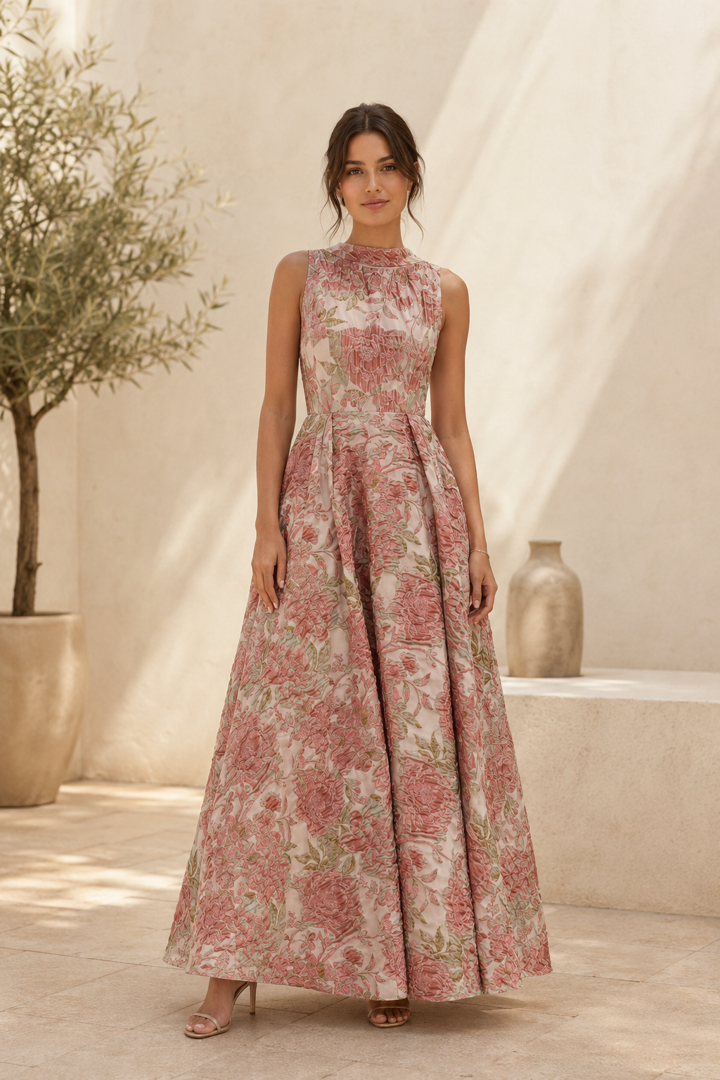 Floral Jacquard High Neck A-Line Maxi Gown