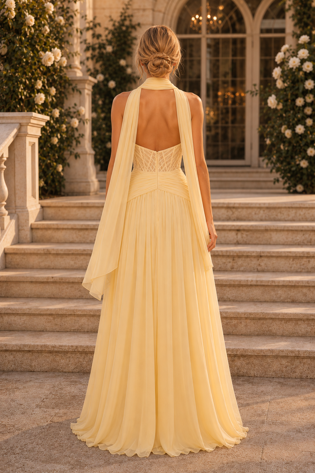 Trägerloses Korsett-Chiffonkleid mit Schal