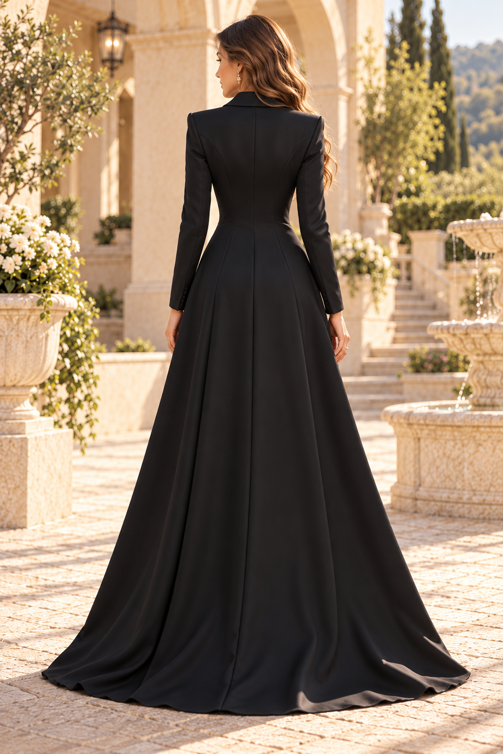 Tuxedo Blazer Gown with Lace Slit Skirt