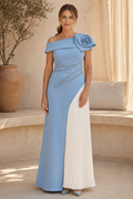 Pleated Inset Off-Shoulder Rosette Gown