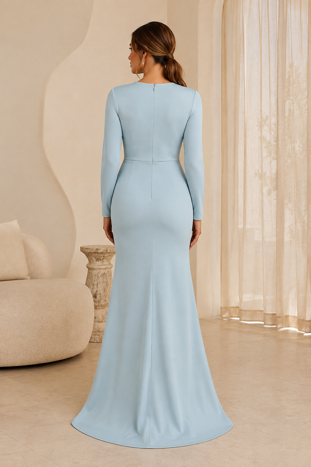 Long Sleeve Column Gown with Rose Detail and Ruffle Slit