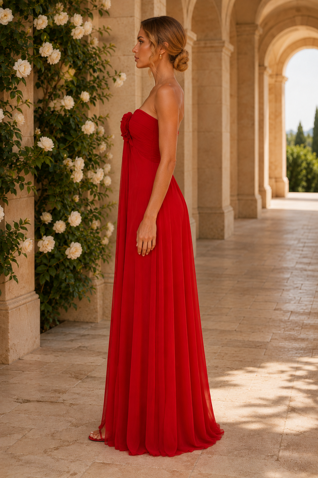 Strapless Draped Chiffon Gown with 3D Floral Bodice