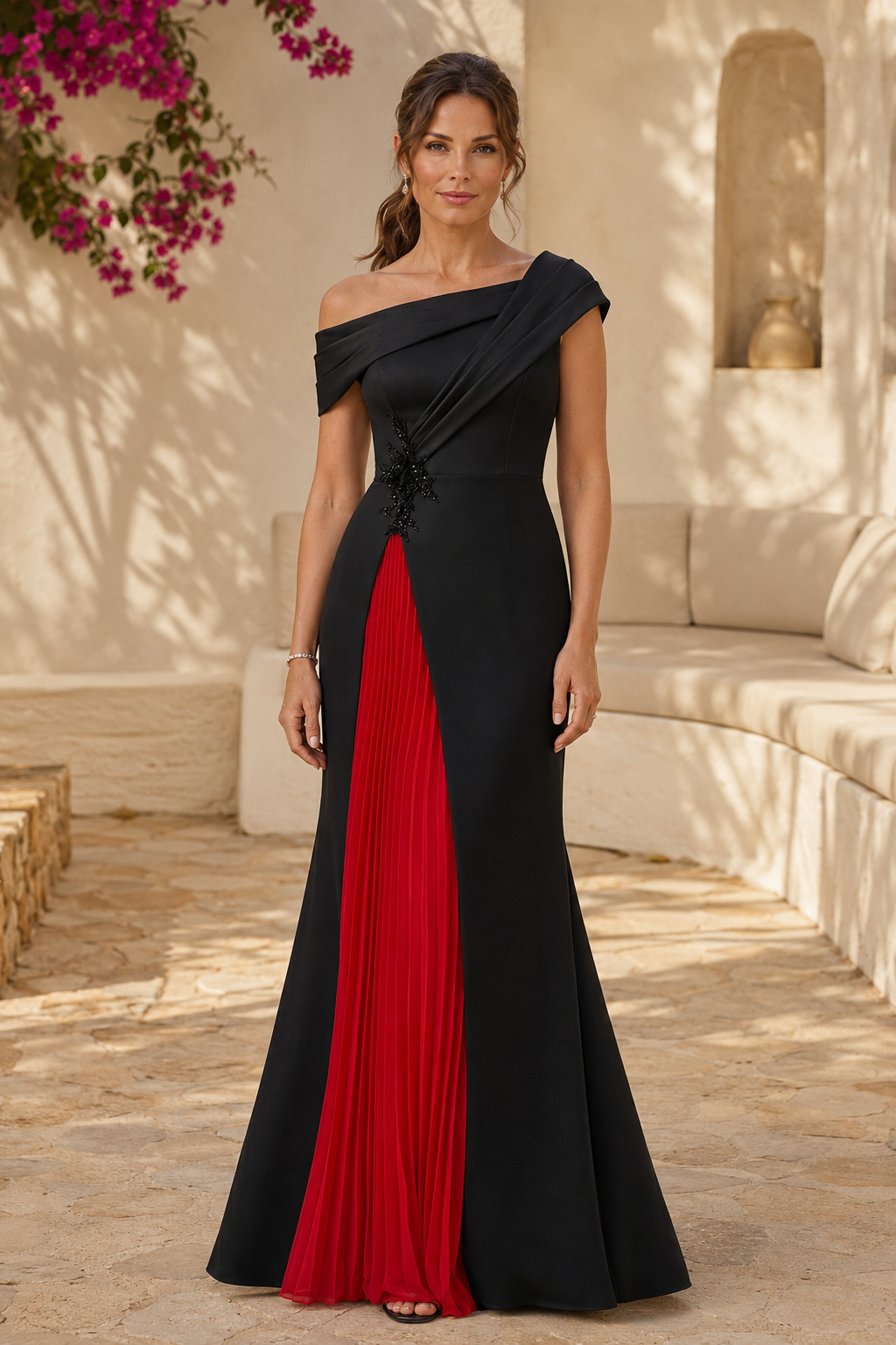 Pleated Inset Asymmetrical Gown with Beading