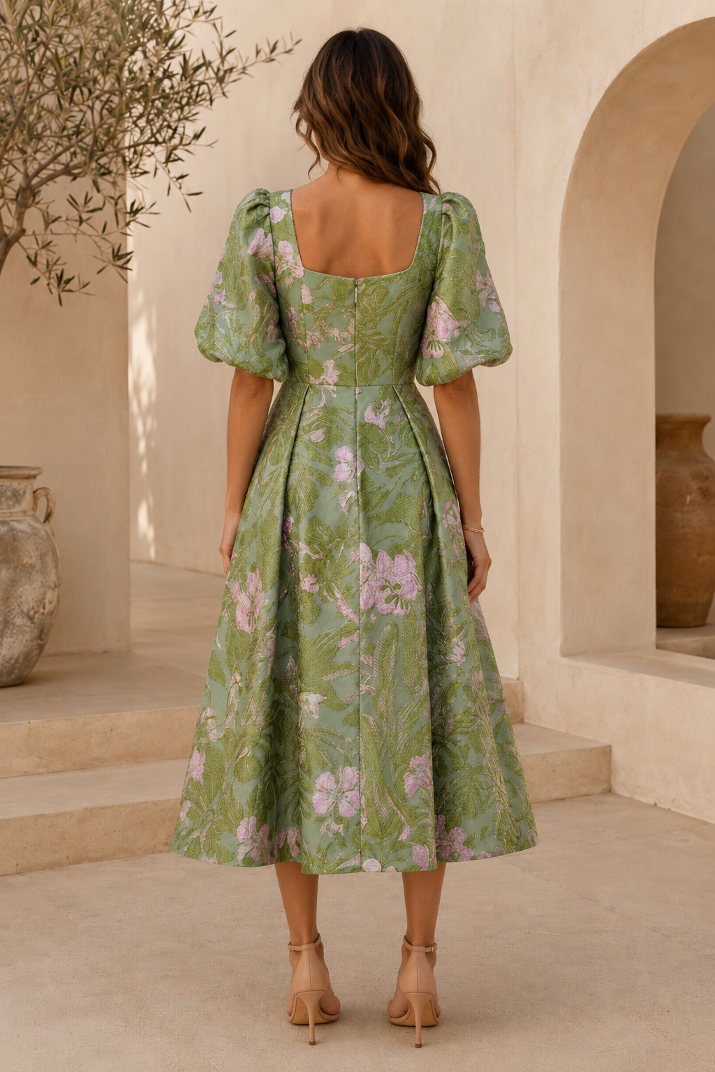 Floral Jacquard Puff Sleeve Midi Dress with Pockets