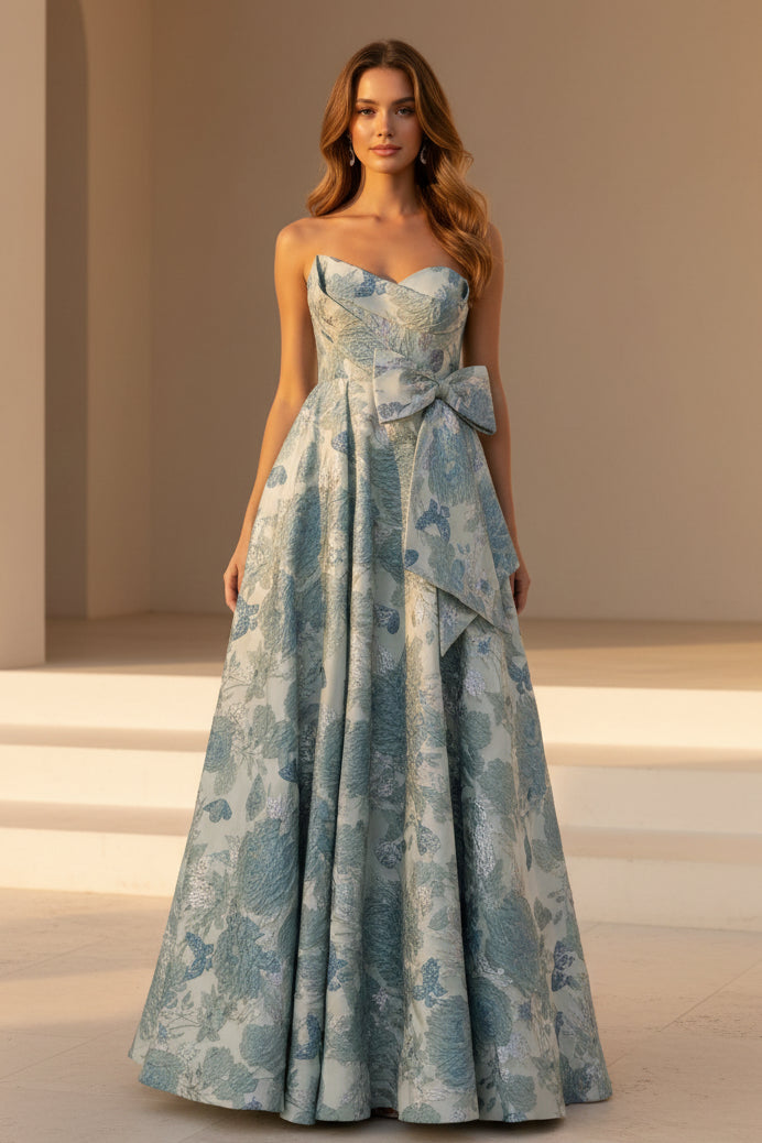 Strapless Jacquard A-Line Gown with Bow Detail