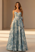 Strapless Jacquard A-Line Gown with Bow Detail